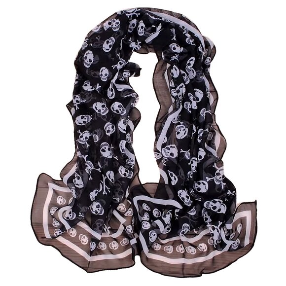 NEW Soft Silky Poly Chiffon B/W Long Scarf w/Skull & Stripe Border 19” W… - Picture 2 of 8